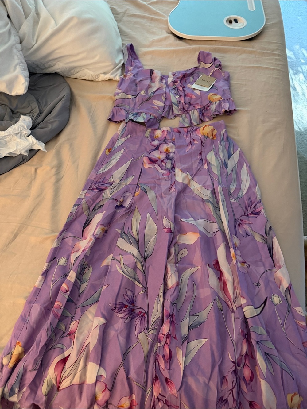 ROMWE Purple Floral Two-Piece Maxi Set